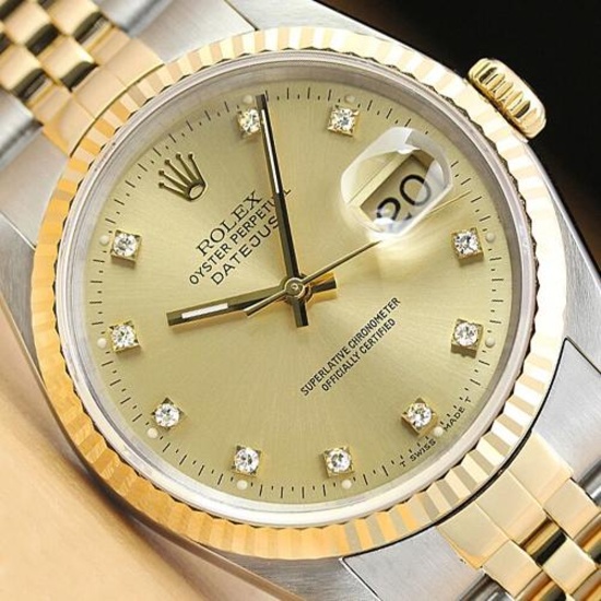 ROLEX MENS DATEJUST 16233 FACTORY DIAMOND DIAL 18K YELLOW GOLD STEEL WATCH