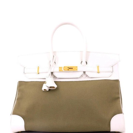 Hermes Birkin Handbag Toile and White Courchevel with Gold Hardware 35