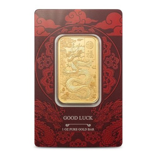 1 oz PAMP Suisse Gold Good Luck Yellow Dragon Bar (New w/ Assay)