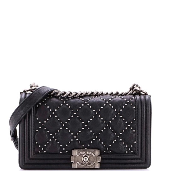 Chanel Boy Flap Bag Studded Quilted Distressed Calfskin Old Medium