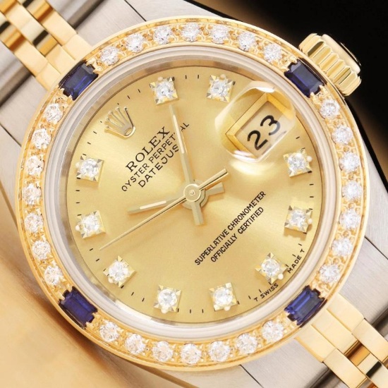 LADIES ROLEX DATEJUST 69173 CHAMPAGNE FACTORY DIAMOND 18K GOLD SAPPHIRE SS WATCH
