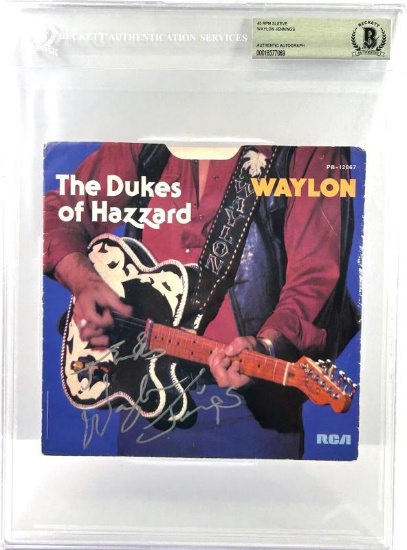 WAYLON JENNINGS Signed Auto Encapsulated 45 Sleeve Dukes of Hazzard BAS RARE