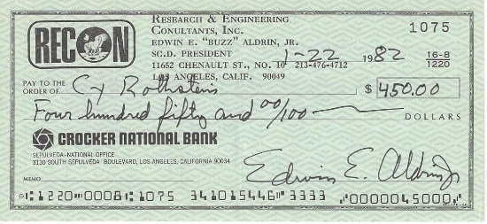 BUZZ ALDRIN Signed Autograph Check Apollo 11 Edwin Aldrin JSA LOA