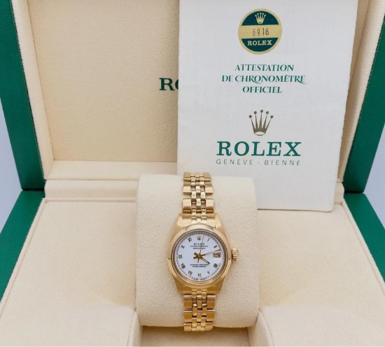 Rolex Ladies Datejust 6916 26mm White Roman Dial 18K Yellow Gold Box Paper