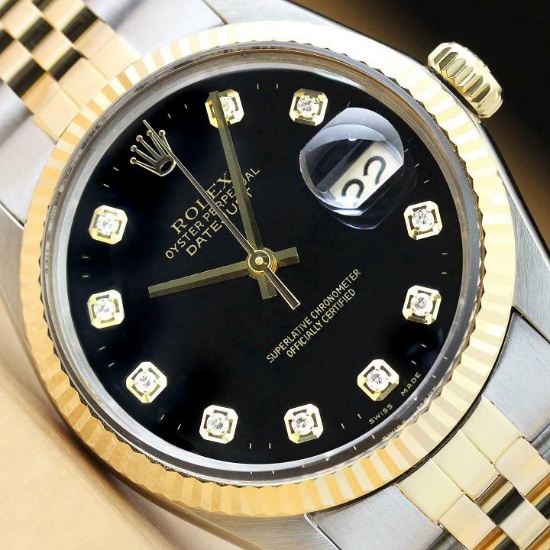 ROLEX MENS DATEJUST 16013 BLACK DIAMOND 18K YELLOW GOLD STEEL QUICKSET WATCH