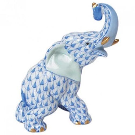 HEREND ELEPHANT TRUNK UP 24K GOLD TUSKS BLUE FISHNET #VHB-15266 BRAND NIB