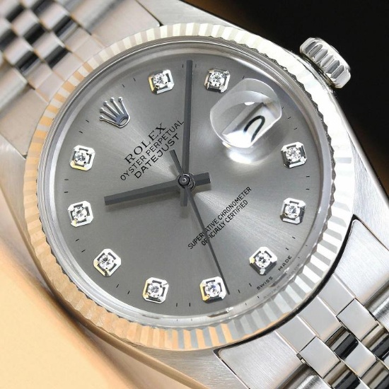 MENS ROLEX DATEJUST 16014 GRAY DIAMOND 18K WHITE GOLD STAINLESS STEEL WATCH