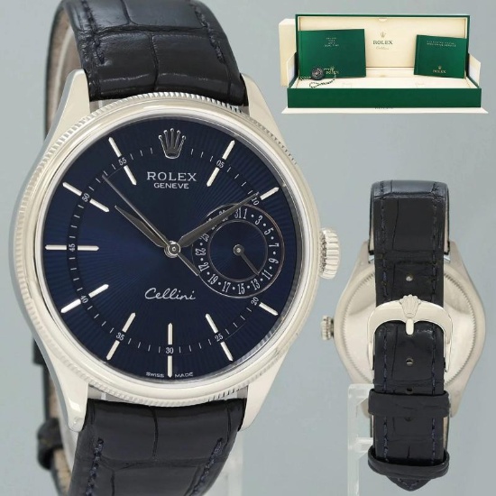 MINT Rolex Cellini Date Blue Dial White Gold 39mm Leather Automatic 50519 Watch