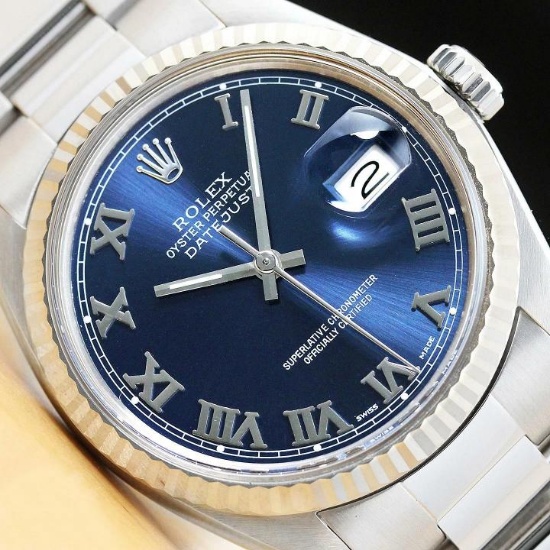 MENS ROLEX DATEJUST 16014 BLUE ROMAN DIAL 18K WHITE GOLD SS WATCH w/ OYSTER BAND