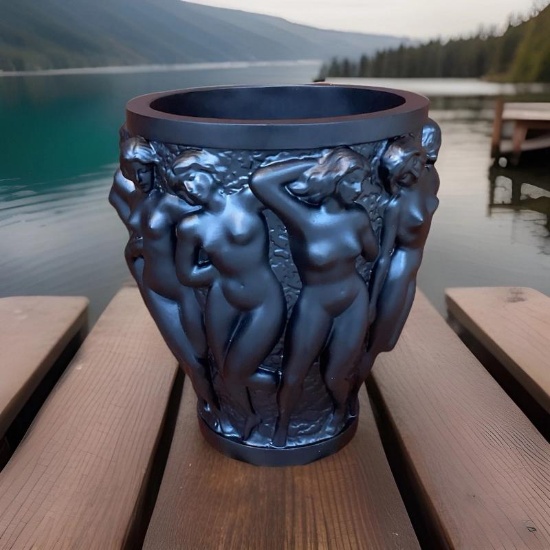 Very Heavy Artglass Lalique Style Crystal Black Vase H10â Unique Limited E