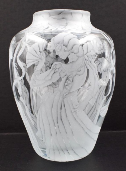 Marialyce Hawke Signed Large Etched Glass Vase -1988