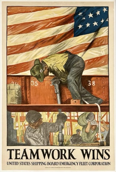 Original Vintage Poster TEAMWORK WINS United States Propaganda World War WWI OL