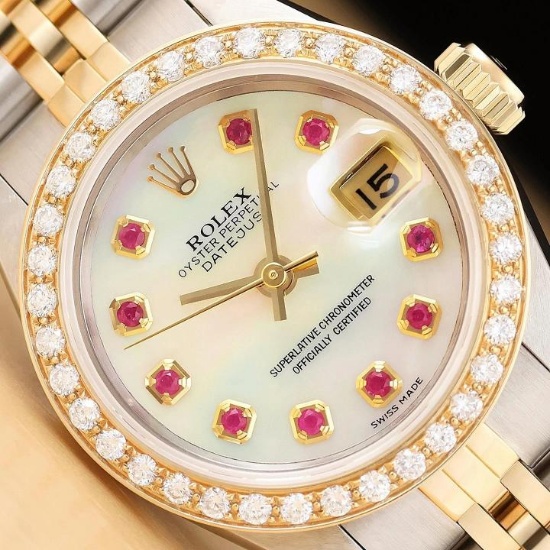 ROLEX LADIES DATEJUST 69173 MOTHER OF PEARL RUBY DIAMOND 18K GOLD STEEL WATCH
