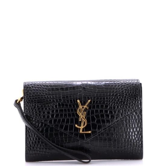 Saint Laurent Cassandre Flap Envelope Wristlet Pouch Crocodile Embossed Leather