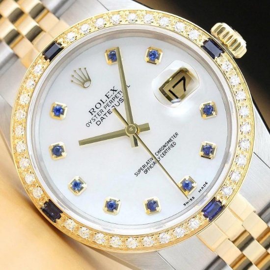 ROLEX MENS DATEJUST 16013 2-TONE MOTHER OF PEARL SAPPHIRE QUICKSET DIAMOND WATCH