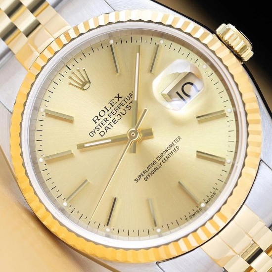 ROLEX MENS DATEJUST 16233 CHAMPAGNE DIAL 18K YELLOW GOLD STAINLESS STEEL WATCH