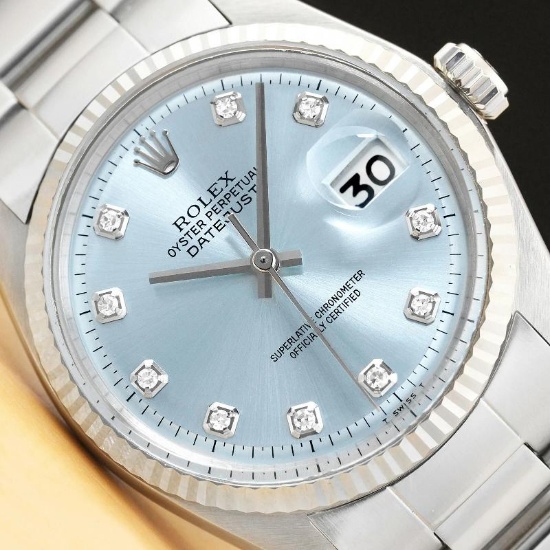 MENS ROLEX DATEJUST 1601 ICE BLUE 18K WHITE GOLD BEZEL STAINLESS STEEL WATCH