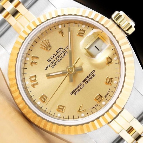ROLEX LADIES DATEJUST 69173 CHAMPAGNE ARABIC DIAL 18K GOLD STEEL TWO TONE WATCH