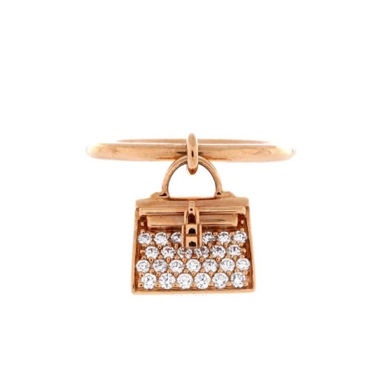 Hermes Kelly Amulette Ring 18K Rose Gold with Pave Diamonds