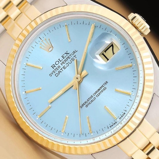 ROLEX MENS DATEJUST 16013 ICE BLUE DIAL 18K YELLOW GOLD STAINLESS STEEL WATCH