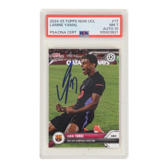 Lamine Yamal Signed & Inscribed 2024 Topps Now First UCL Goal Ã¢â‚¬â€œ PSA 7 Auto 10