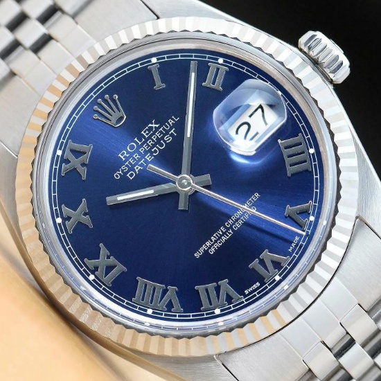 MENS ROLEX DATEJUST 16014 BLUE ROMAN 18K WHITE GOLD STAINLESS STEEL WATCH