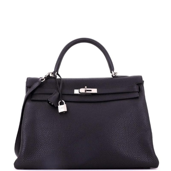 Hermes Kelly Handbag Noir Togo with Palladium Hardware 35