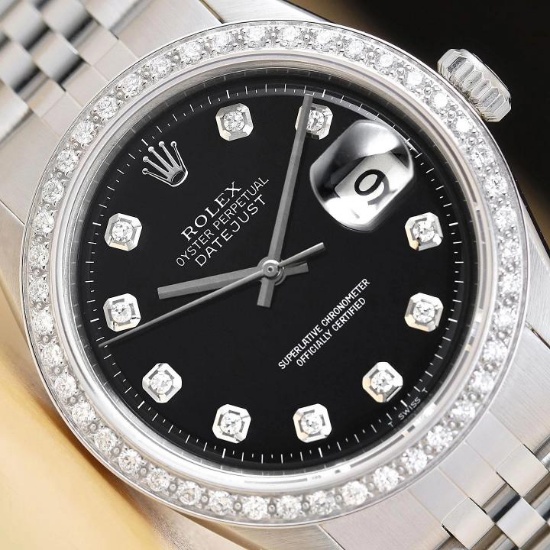 ROLEX MENS DATEJUST BLACK DIAL 18K GOLD STEEL DIAMOND WATCH w/ JUBILEE BAND