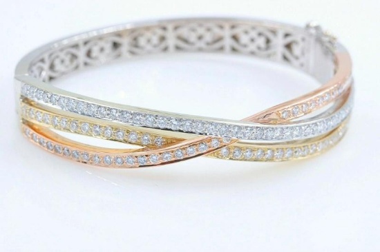 Tri-Color Round Diamond Bangle Bracelet 14k White Yellow Rose Gold 2.00 tcw