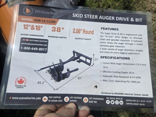 Unused 2026/2025 Skid Steer Auger Drive & Bit Attachment - WOLVERINE - Mod