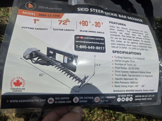 Unused Skid Steer Sickle Bar Mower - WOLVERINE - Model: SBM-12-72W S/N: