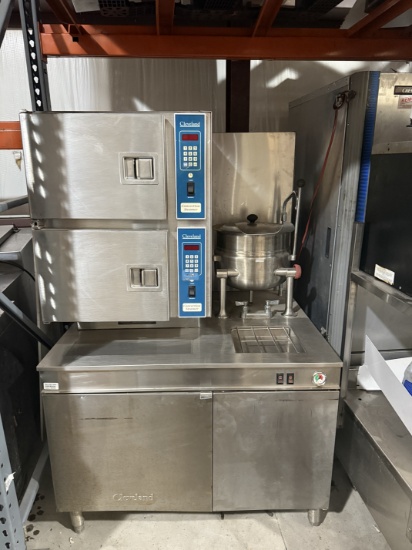 Cleveland Double Stack Convection Steamer w/ Kettle & Cabinet Base