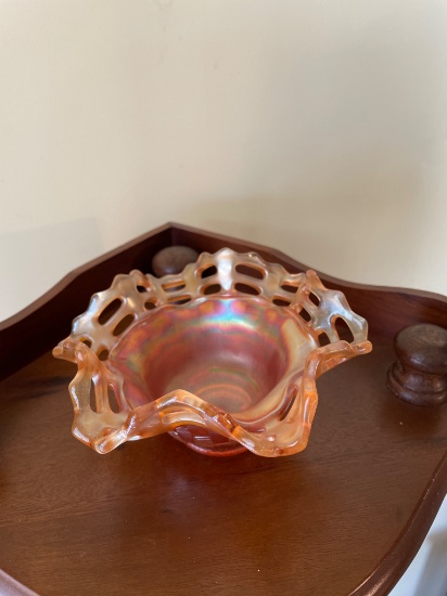 Carnival Glass Bowl With Open-Lattice Edge and Iridescent Finish