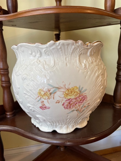 Large White Ceramic Planter With Floral Design and Maker Stamp