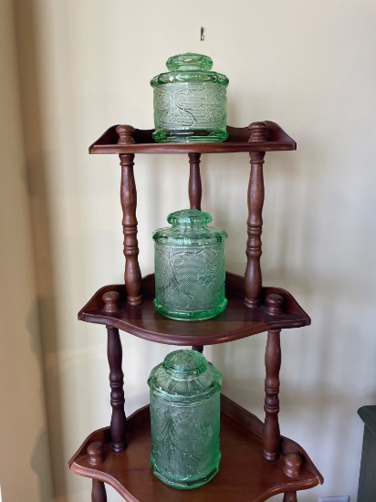 Three Pressed Green Glass Canisters with Lids