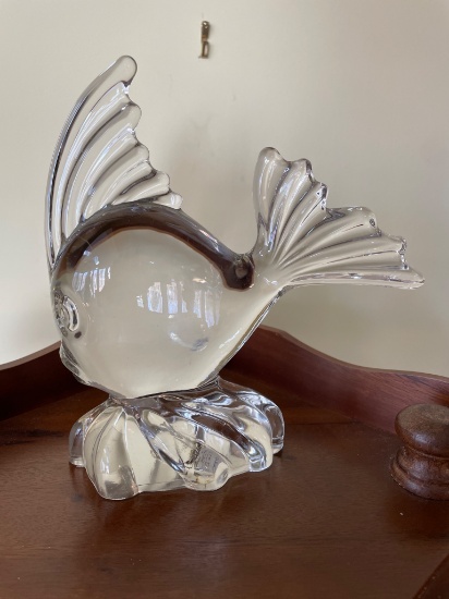 Clear Glass Decorative Fish Figurine Signed 'Fostoria,' Approx. 6 Inches Tall