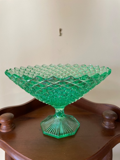 Green Pressed Glass Pedestal Bowl With Diamond Pattern and Hexagonal Base