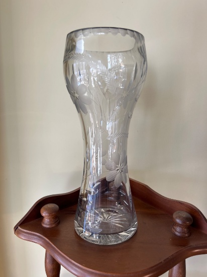 Clear Cut Glass Vase with Floral Etching and Star Cut Base
