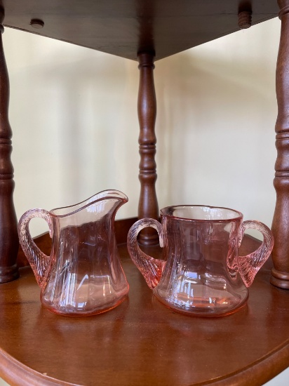 Pink Glass Creamer and Sugar Bowl Set with Twisted Handles