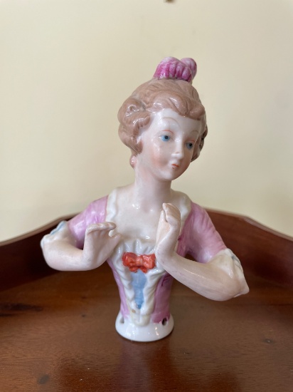 Porcelain Half-Doll Figure With Pink Dress and Updo Hairstyle