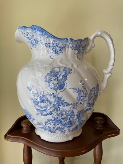 Porcelain Blue and White Floral Pitcher with Ornamental Handle