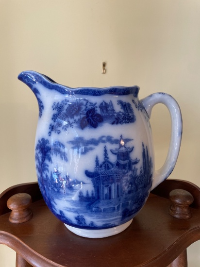 Blue and White Porcelain Pitcher with Chinoiserie Pattern, Marked on Base
