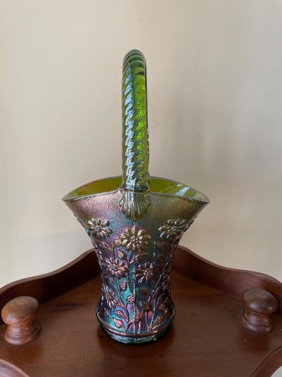 Green Iridescent Glass Basket with Floral Motif and Twisted Handle