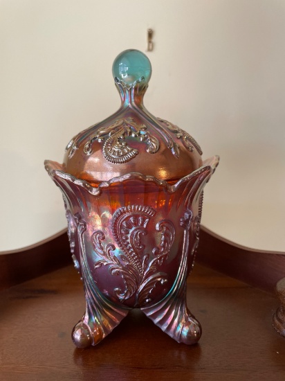 Lidded Carnival Glass Dish With Decorative Base and Ornamental Lid