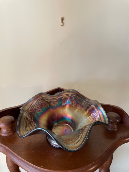 Iridescent Glass Bowl with Fluted Rim and Embossed Patterns