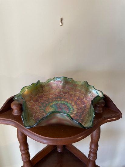 Iridescent Green Carnival Glass Bowl with Ruffled Edge