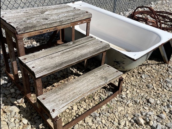 Steps And Porcelain Tub, Lot Of Concrete Blocks, Wooden Spools