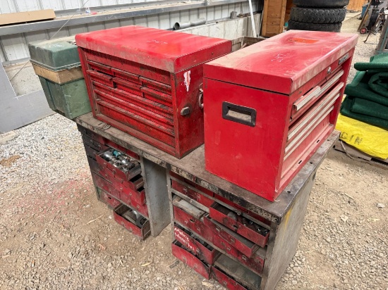 Metal Shop Table With Drawers And (4) Toolboxes