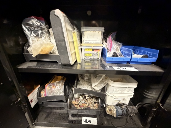 2 Shelf Lot - Assorted Roofing Fasteners, Hardware & Grinder