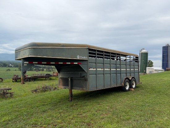 Circle d gooseneck stock trailer, tandem axle, 18 foot, good floor, cattle panel fastened too the fl